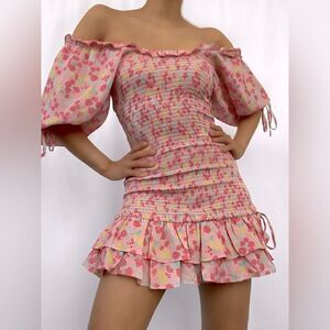 ⭕️ 70/21 Mini Dress Floral Smocked Bodycon Small Pink